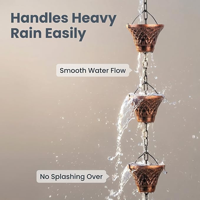 Rain Chains for Gutters Outside for Heavy Rain, 8.5FT Copper Rain Chain with 12 Cups, Adjustable Rain Catcher Chain with Chimes for Eaves Drainage, Replacement for Downspout, Outdoor Decor