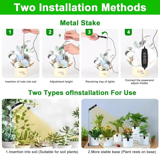 LED Grow Lights for Indoor Plants Full Spectrum, 48 LEDs Plant Light for Indoor Plants with 2 Mounting Options, 3 Optional Spectrums, 3/9/12Hrs, 10 Brightness,6.7"-26" Height Adjustable （black）
