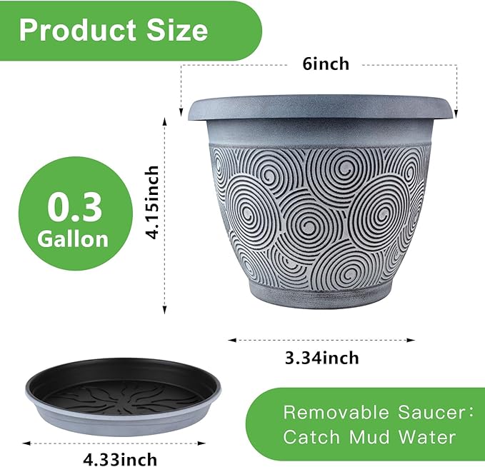 Fodetyff 6 Inch Flower Pots Planters for Indoor Outdoor Plants, 6 Pack Plastic Small Plant Pots with Drainage Hole & Tray, Modern Decorative Garden Pot with Saucer, Plant Container for House