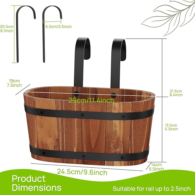 2pcs Railing Planter Boxes Wood Hanging Flower Pots for Railing Fence Outdoor Balcony Planters for Wall Window Flower Box Hanging Bucket Pots Countryside Plant Holder (Brown,2pcs,Small)