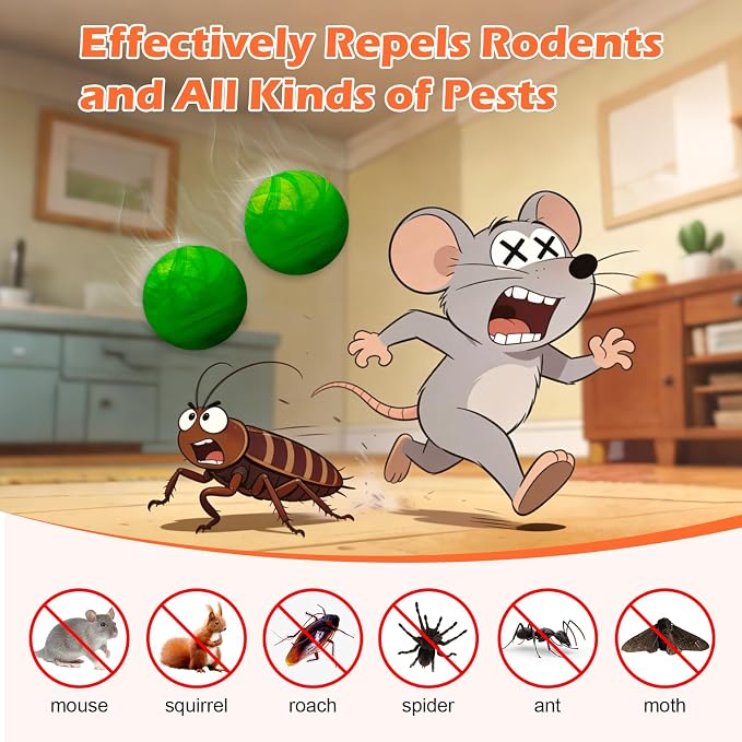 Rodent Mouse Repellent 12 Pack, Peppermint Oil Rodent Repellent Balls, Safe for Family & Pets, Indoor & Outdoor Moth Balls for Mice Rat Roach Spider Ant Squirrel, for Home Garage Basement Kitchen