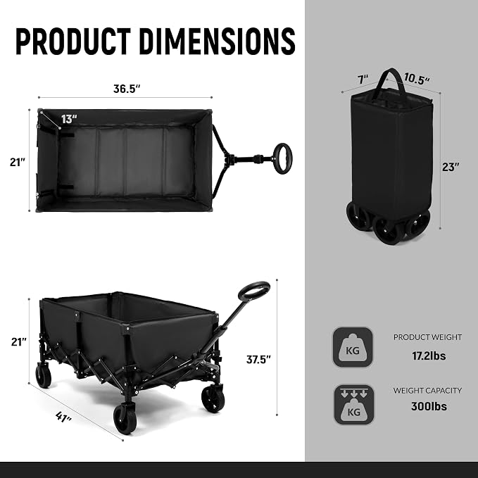 Collapsible Wagon Cart with Extendable Storage - 5.8cu.ft Capacity,300lbs Heavy Duty,Compact Foldable Wagon Cart for Grocery Shopping,Outdoor,Camping,Sport Events,Garden,Vendor Markets,Soccer Games