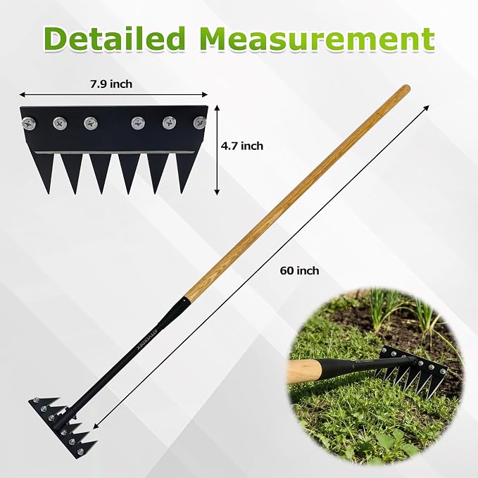 Gardenia Weeding Rake 2.0,60" Forged Iron Weeding Rake with Exclusive Double-Edged Thickened 6-Tines & Long Wooden Handle – Perfect for Gardens and lawns