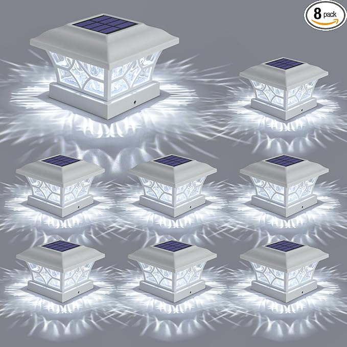 APONUO Solar Post Cap Lights 8 Pack with 1000mAh Battery - for 4x4 5x5 6x6 Fences, Larger Size & Longer Lasting, 2-Mode, IP64 Waterproof, for Deck Patio Yard (White)