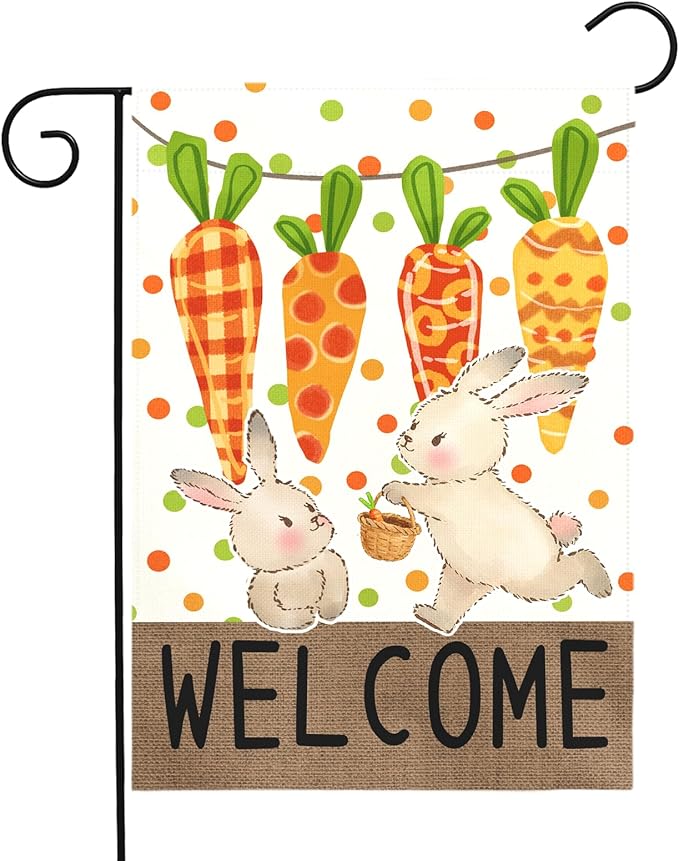 Easter Garden Flag 12 x18 Inch Double Sided Welcome Bunny Carrot Spring Yard Flag Outdoor Farmhouse Porch Decor Cute Rabbit Pattern Seasonal Easter Banners for Garden Lawn Patio Yard Home