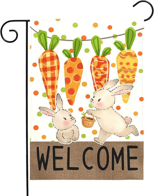 Easter Garden Flag 12 x18 Inch Double Sided Welcome Bunny Carrot Spring Yard Flag Outdoor Farmhouse Porch Decor Cute Rabbit Pattern Seasonal Easter Banners for Garden Lawn Patio Yard Home