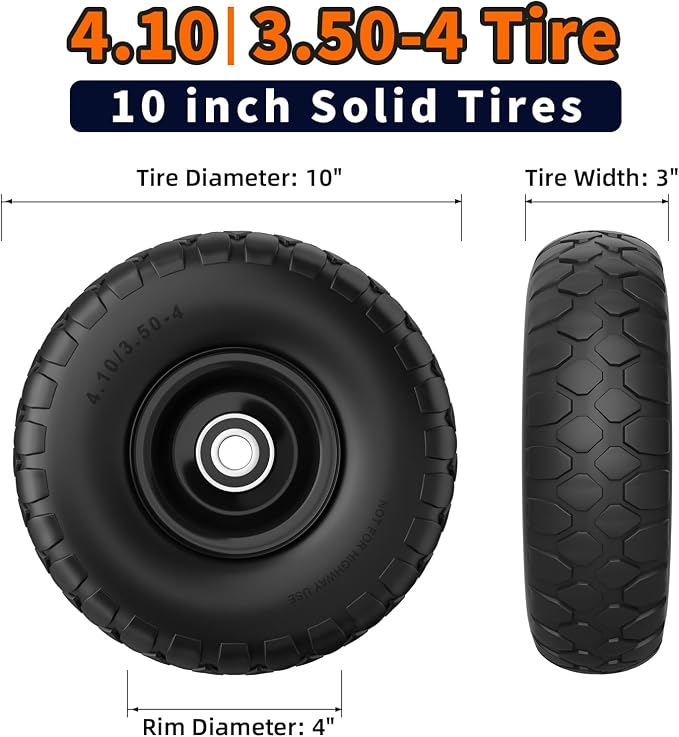 RONPOW 4.10/3.50-4 Flat Free Tire, 10 Inch Solid Tires, 500Lb Heavy Duty Replacement Wheel with 5/8" Bearings, Compatible with gorilla Cart, Garden Carts, Dump Wagons, Dolly & Hand Trucks, 2Pack Black