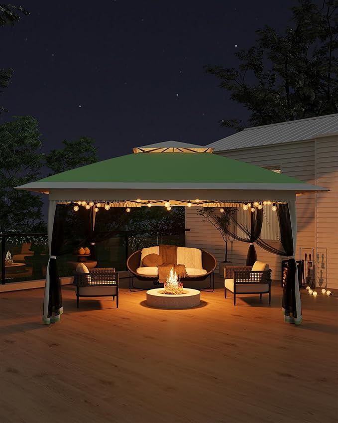 GarveeLife Canopy Tent 13x13 ft, Pop Up Gazebo One-Push Setup with 4 SandBags for Backyard Parties and BBQs, Mosquito Netting & Height Adjustable - Olive Green