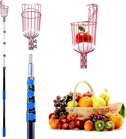 13 Foot Fruit Picker with Basket, 20 Foot High Reach and Easy to Attach Extension Pole for Apple, Orange from Trees (13Ft Fruit Picker)