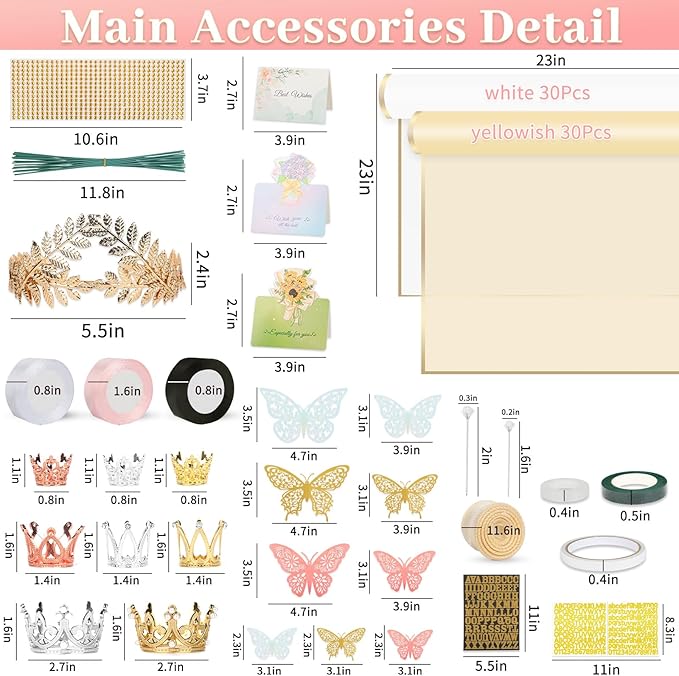 260Pcs Flower Bouquet Wrapping Paper Kit , 60 Sheets Wrapping Paper, 36 Butterflies, 8 Crowns, 1 Headband, 4 Ribbons, 15 Cards, 100 Diamond Pins, Floral Wire, 3 Stickers, 3 Tapes (White & Yellowish)