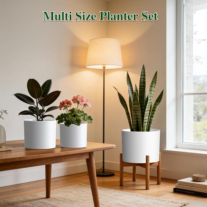 Plant Pots, 10/9/8 Inch 3 Pack Cylindrical Flower Pots with Drainage Holes and Saucers, Plastic Planters for Outdoor Indoor Plants,White