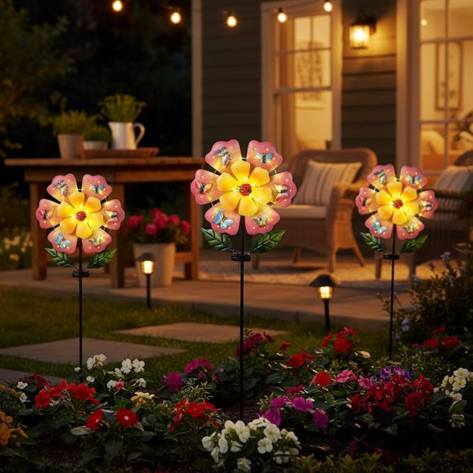 Giant Flower Garden Stakes Decorative with 50 String LED Lights and Butterflies, 46.7" Pink Solar Flowers Outdoor Waterproof for Yard Patio Lawn Decoration
