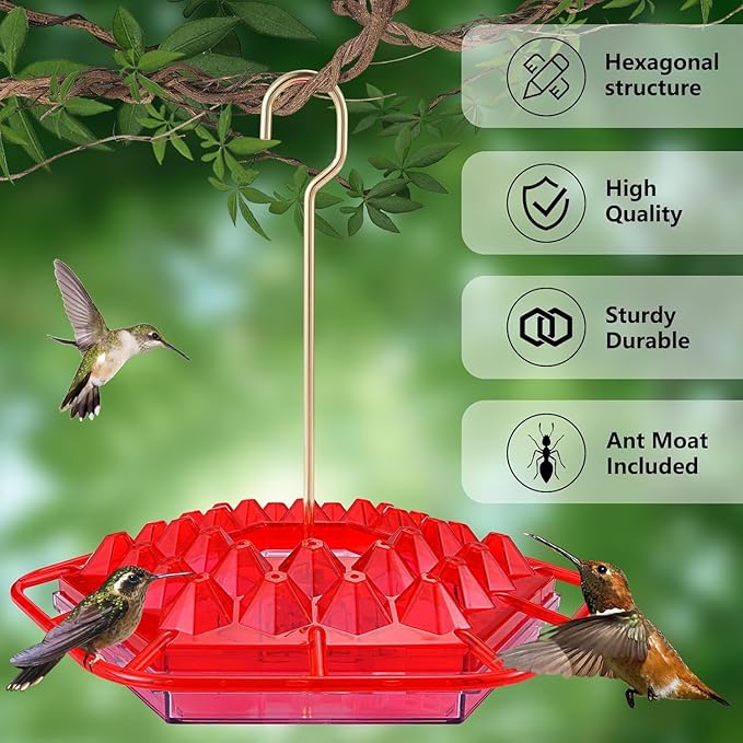 Hummingbird Feeders for Outdoors Hanging, 30 Feeding Ports,Bee-Proof and Leak-Proof - Easy to Clean and Refill, attracts Hummingbirds, Plastic with ant Fence and Hook (Golden)