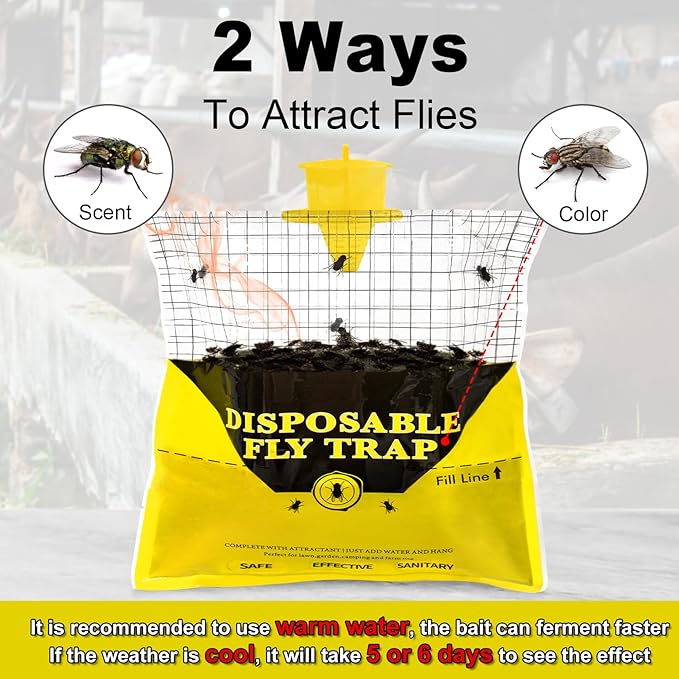 Glovv Fly Traps Outdoor Hanging with Fly Bait, 12 Pack Disposable Bags Hunter Ranch Trap, Flies Control Bug Catcher Killer Repellent for Stable Horse Barn & Farm