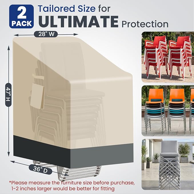 Extra Heavy Duty Stackable Patio Chair Covers Waterproof 2 Pack, Patio Furniture Covers for 4-6 Stackable Dining Chairs, Lawn Outside Outdoor Seat Cover with Air Vents, 28"W x 36"D x 47"H