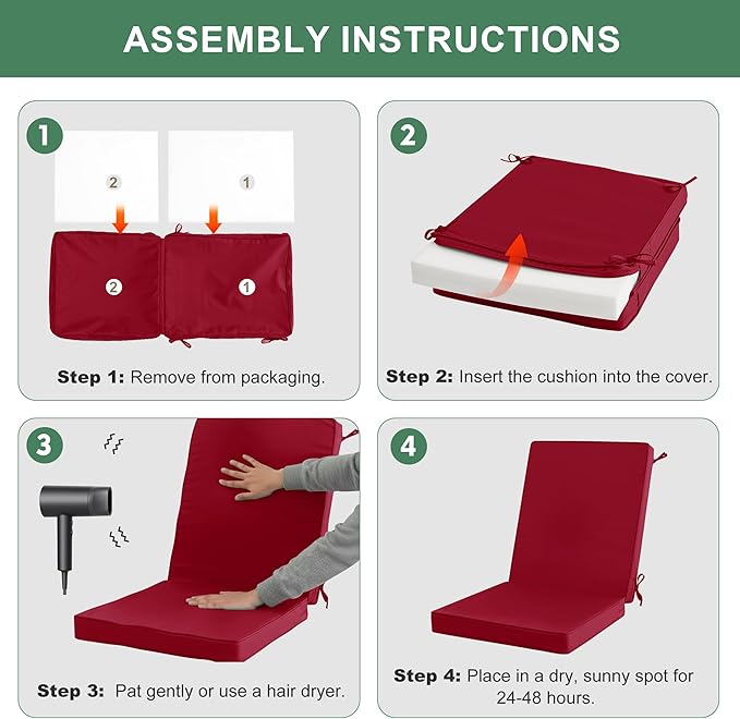 Summsun Patio Dining Seat Cushions, High Back Outdoor Chair Cushion with Water Resistant Removable Covers, Ties, Non-Slip Bottom for Garden Lawn Patio Furniture, 44 x 20 Inch, Burgundy, Set of 2