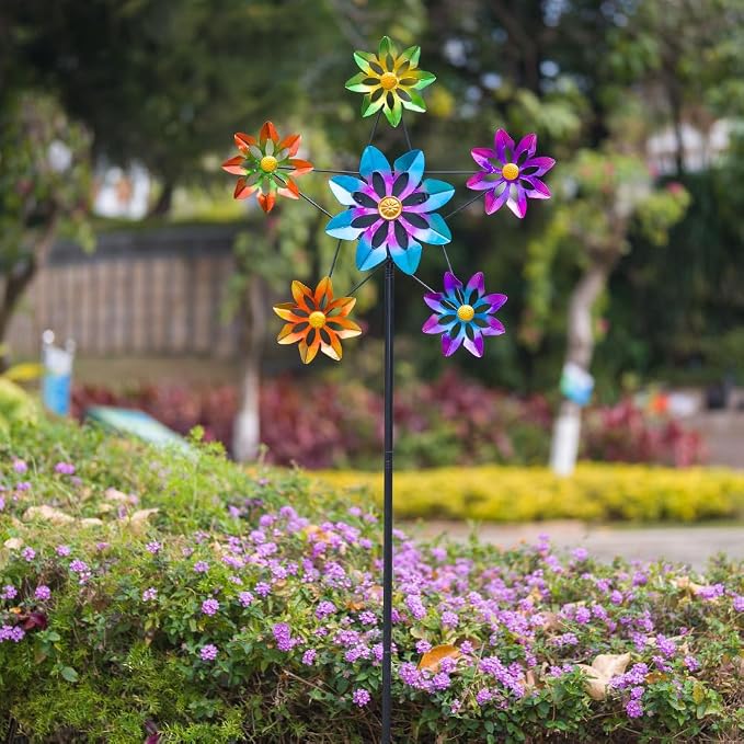 Stargarden Outdoor Kinetic Wind Spinner -24.4" D*74" H Large Metal Wind Sculpture, Flower Metal Wind Spinners for Garden Yard Patio