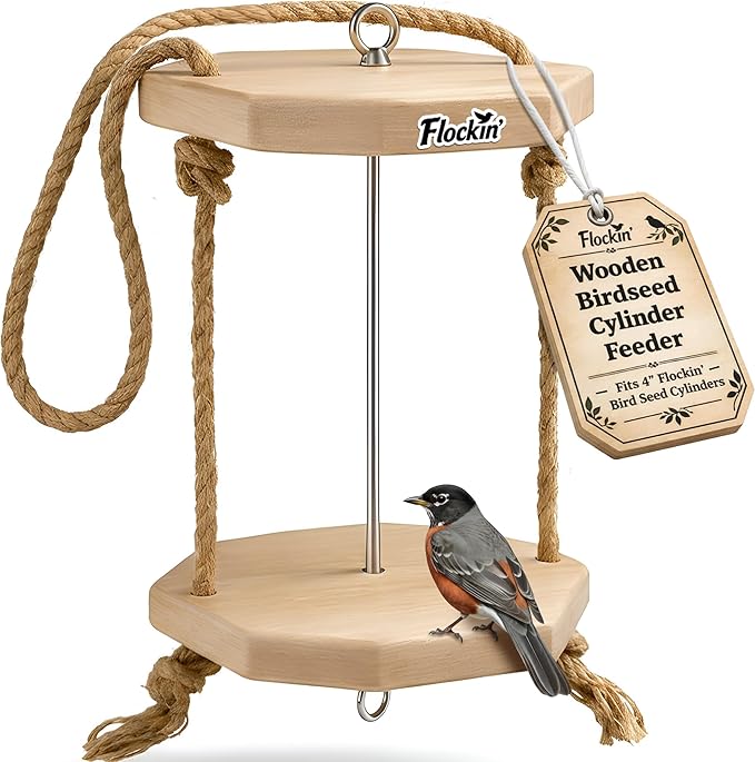 Cylinder Bird Feeders for Outdoors - Weather Resistant Wood Cylinder Feeder with a Bird Safe Protective Clear Finish - Holds Bird Seed Cylinders with Hole, Logs, & Birdseed Cakes
