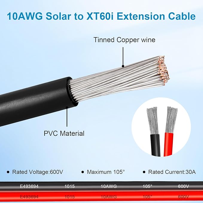 10AWG 20FT Solar to XT60i Extension Cable 3 6 10 35 50 75 100FT Heavy Duty Adapter Cable Connector XT60i Wire for Portable Power Station, Solar Panel, RV, Battery, Renewable Energy Applications