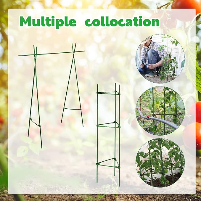 10 Packs Tomato Cages for Garden Support Up to 48" Tomato Plant Stakes Support with Adjustable Snap Arms Clips Plastic Coated Alloy for Outdoor Beans Potted Climbing Plant Supplies(Green)