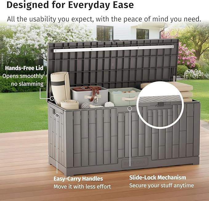 EAST OAK 120 Gallon Outdoor Storage Box | Large Resin Deck Box with Reinforced Stainless Steel Support | Waterproof & UV-Resistant Patio Storage Box for Cushions, Garden Tools & Pool Accessories, Grey