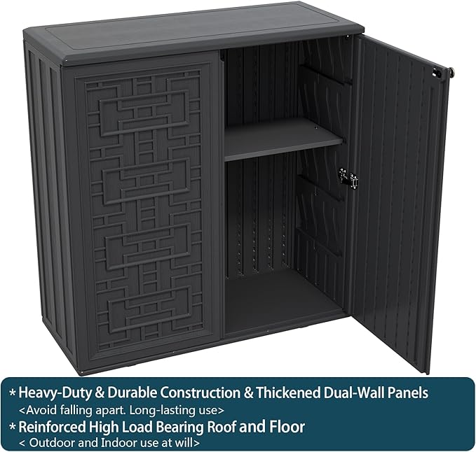HOMSPARK Indoor/Outdoor Storage Cabinet with Doors and Shelf, 34”x15”x36” HDPE Plastic Storage Box Waterproof for Patio, Garden, Balcony, Multi-Purpose for Daily Tools, Black