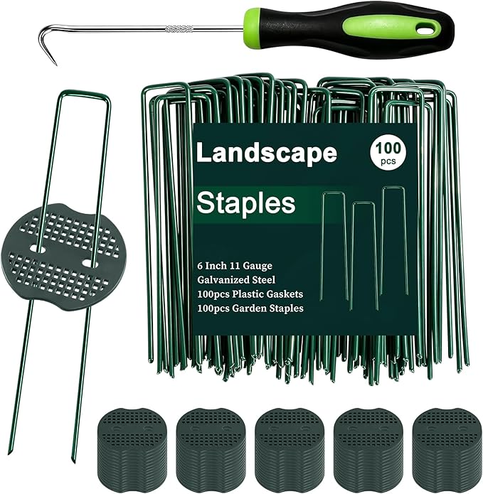 FEED GARDEN 6 Inch 100 Pcs Galvanized Landscape Staples 100 Pcs Gaskets Pick Hook Garden Stakes 11 Gauge Anti-Rust Landscaping Fabric SOD Pins U Shaped Yard Turf Stakes for Weed Barrier Fabric Green