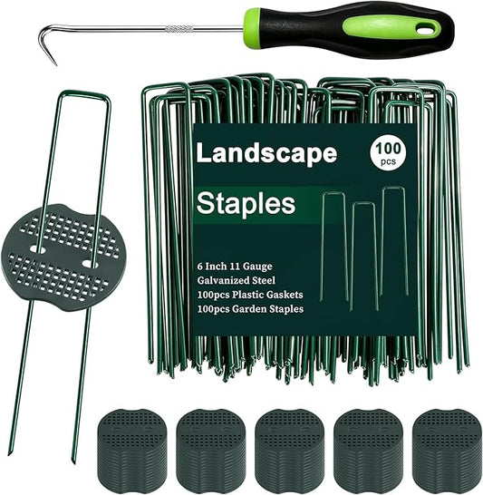 FEED GARDEN 6 Inch 100 Pcs Galvanized Landscape Staples 100 Pcs Gaskets Pick Hook Garden Stakes 11 Gauge Anti-Rust Landscaping Fabric SOD Pins U Shaped Yard Turf Stakes for Weed Barrier Fabric Green