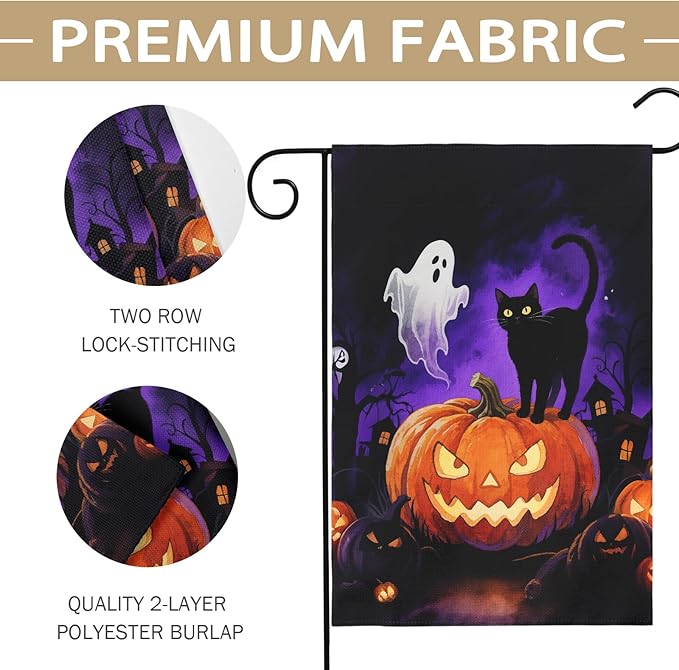 Halloween Pumpkin Ghost Black Cat Garden Flag 12x18 Inch Tree House Shadow Spooky Scary Holiday Decorative Yard Flags for Outside Double Sided Outdoor Home Farmhouse Decoration Porch Decor