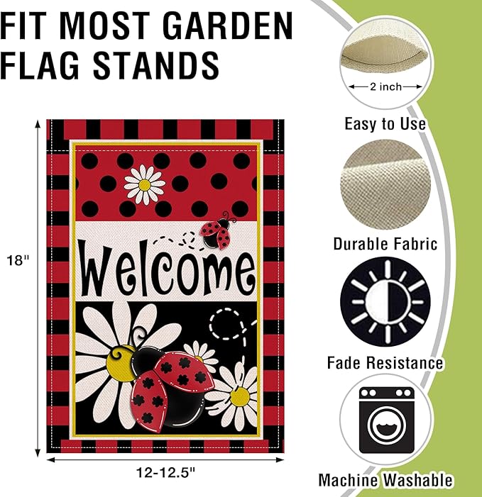Artofy Welcome Spring Summer Ladybug Daisy Flower Small Decorative Garden Flag, Red Black Polka Dots Yard Lawn Outside Decor, Seasonal Burlap Outdoor Home Decoration Double Sided 12 x 18