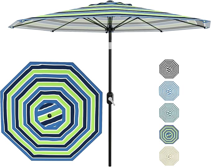 Garvee 10 ft Outdoor Patio Umbrella 8 Sturdy Ribs Outdoor Table Umbrella with Crank Lift & Push Button Tilt - UV Protection Waterproof Market Umbrellas for Pool, Deck, Yard, Garden, Tricolor Stripes