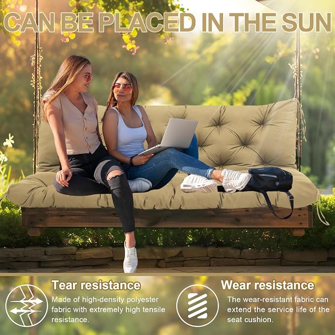 Premium 5" Thick Waterproof Outdoor Swing Cushions 3 Seater Sturdy Durable Porch Cushions 58 inch with Backrest&Ties Swing Cushions for Outdoor Furniture Backyard (Khaki, 58x40x5inches)