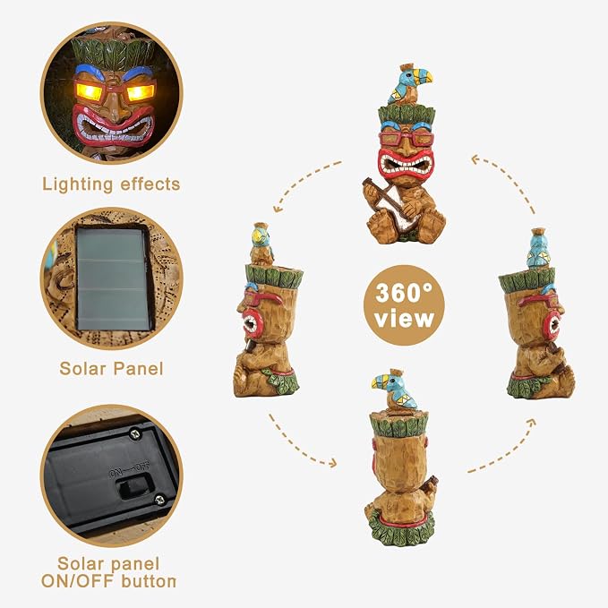 Solar Tiki Garden Statue Outdoor Decor - Tiki Bar Decorations 11.69 inch Tall for Outdoor Patio, Balcony, Yard, Backyard,Lawn,Tiki Gifts