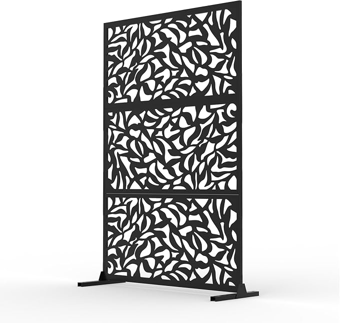 Garvee 72" H x 47" W Outdoor Metal Privacy Screen, Freestanding Laser Cut Decorative Fence Panel with Stand, Weatherproof Galvanized Steel Privacy Screens, for Patio Garden Balcony Backyard, Black