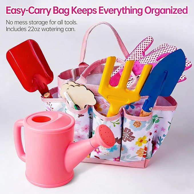 Kids Gardening Set - Gardening Tools for Kids includes Watering Can, Shovel, Rake, Gloves, Waterproof Apron and Garden Tote Bag, Children Garden Tool Outdoor Toys Gifts for Boys Girls Age 3 4 5 6 7 8