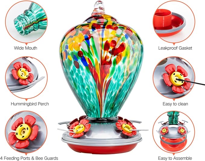 Muse Garden Hummingbird Feeders for Outdoors Hanging, Blown Glass Hummingbird Feeder, Gifts for Mom, Garden Decor for Outside, Unique Gifts Idea for Women, 34 Ounces, Turquoise Fireworks | Muse Garden Hummingbird Feeders for Outdoors Hanging, Blown Gla...