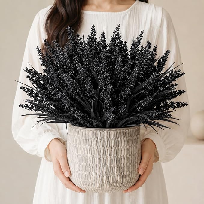 Geegoods Artificial Black Flowers Outdoor – 24 Bundles UV Resistant Faux Lavender Plants with Monkey Grass for Halloween Porch Window Box Patio Hanging Planter Garden Decor