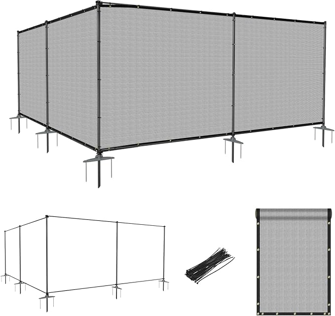 6'Hx3'W Outdoor Freestanding Privacy Screen Fence Panels with Iron Poles, Mesh Shade Net Cover Temporary Fencing for Patio Backyard Garden Deck, Light Gray