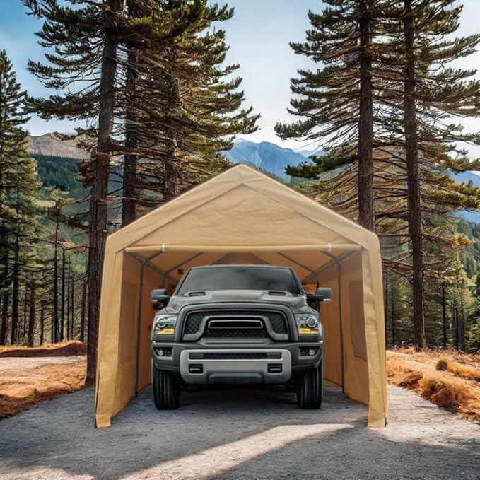 12x20 ft Heavy Duty Outdoor Portable Ventilated Canopy Carports, Garage Car Shelter with Removable Doors and Sidewalls, Sand