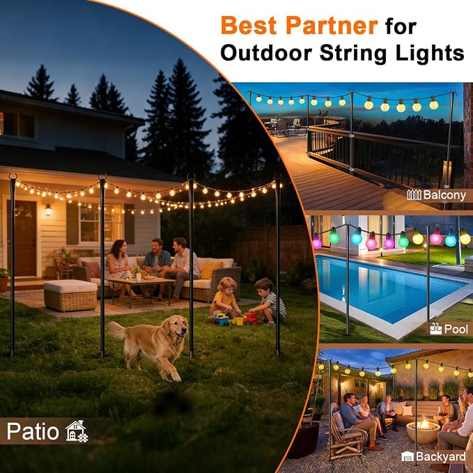 4 Pack String Light Poles for Outside, Upgraded Heavy-Duty Metal Light Poles for Outdoor String Lights with Fork, Adjustable Lighting Accessories for Patio Decor Backyard Pergola Garden Decorations