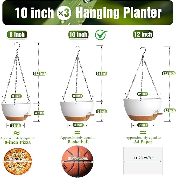 10 Inch Self Watering Hanging Planters, 3 Pack Plastic Plant Pots | Sturdy lightweight pot with side watering lip, drainage holes, snap-on detachable tray & hanging chain for easy care