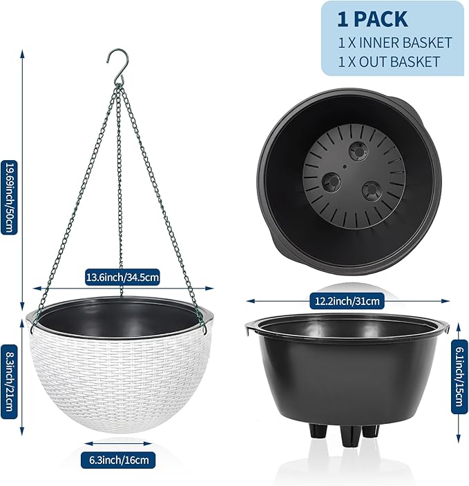 13.8 Inch Self Watering Hanging Planter, 4PCS Round Resin Hanging Basket for Indoor Outdoor Plants, Rattan Look Flower Pot with Drainage Plug, Deep Inner Pot and Sturdy Metal Triple-Chain Hanger