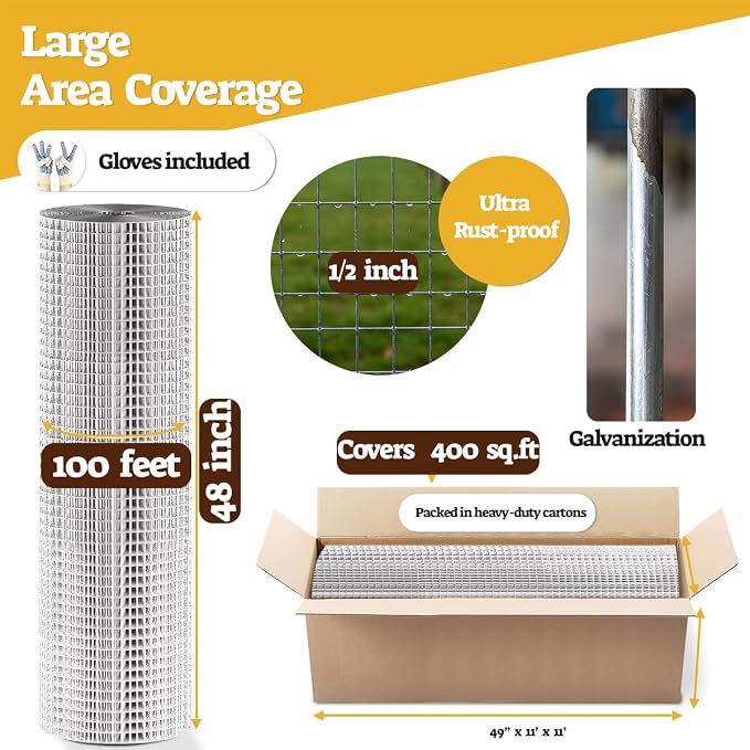 HORCH Hardware Cloth 1/2 inch 48 x 100 Ft 19-Gauge, Hot-dip Galvanized After Welding, Chicken Wire Fencing, Wire Mesh Roll, Wire Fencing, Gopher Wire for Underground, Rabbit Wire, Chicken Coop Cover