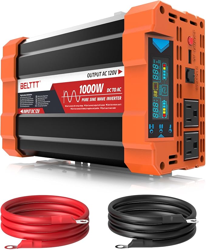 BELTTT 1000Watt Pure Sine Wave Inverter 12V DC to 120V AC for RV, Truck, Off-Grid, Solar Inverter 12V to 110V Converter with Dual AC Socket and 5V 2.1A USB, Power Inverter, Intelligent LCD, 2000W Peak
