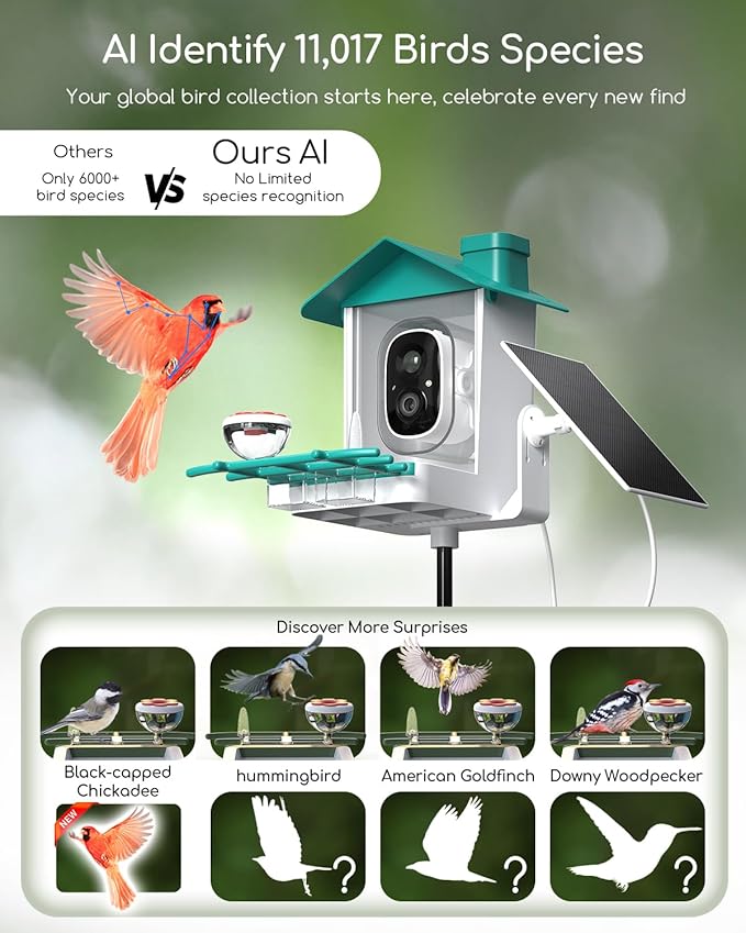 COOAU 2K Smart Bird Feeder with Camera, Faster Solar Powered Charging, Outdoor Birdhouse Cam with Precise AI Birds Recognition, Live Video Watching and Notifications, Ideal Gift for Bird Lovers, Blue