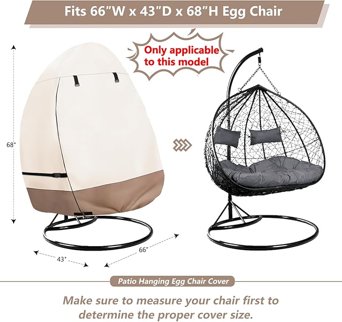 okcool Patio Hanging Egg Chair Cover, Waterproof Heavy Duty Outdoor Double Seat Swing Egg Chair with Stand Cover(Beige & Brown, 66″W x 43″D x 68″H)