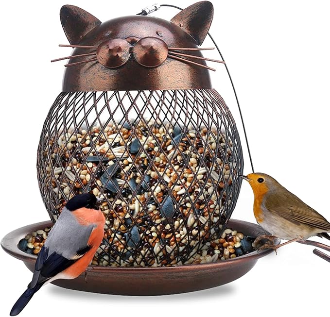 Outside Wild Bird Feeder, Heavy Duty Metal Frame Outdoor Bird Feeders Hanging for Garden Yard Decoration, Cute Cat Shaped