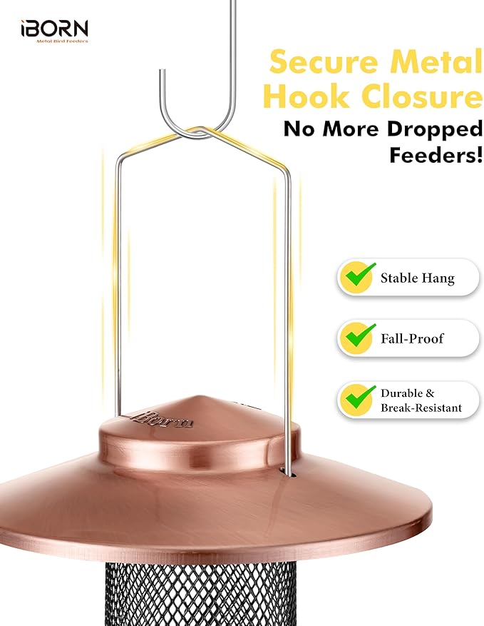 iBorn Finch Feeders for Outside,Thistle Bird Feeders for Outdoors Hanging,Nyjer Seed Feeder,Metal Mesh Tube Bird Feeder 13.5 Inch with 17cm Weatherproof Large Roof&Tray,2 LB Capacity,Brushed Copper