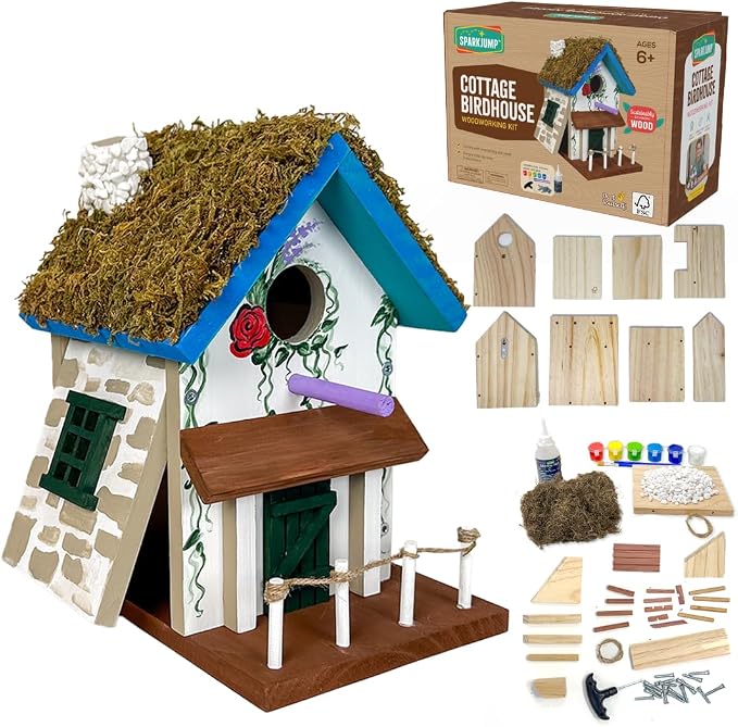 SparkJump Cottage Birdhouse Kit - Easy DIY Wooden Bird House for Outdoors, FSC Certified Wood, Cedar Roof, Natural Stones, Front Porch, Moss Accents, Fun Craft Project for Families and Nature Lovers