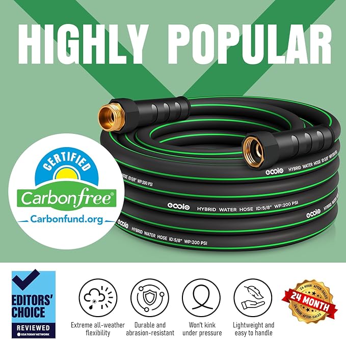 Heavy Duty Garden Hose 25 ft, NON-EXPANDABLE Water Hose with 10 Function Spray Nozzle, Lightweight Kink-less Hybrid Hose with Swivel Handle, Male to Female Fittings